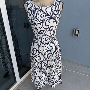Enfocus Studio Black and White Swirl Midi Dress, Size 6